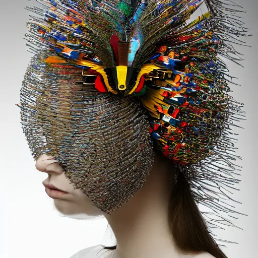 Prompt: a woman with a weird head piece on her head, a flemish baroque by alexander mcqueen, panfuturism, made of paperclips, made of insects, made of feathers, hybrid, bold natural colors, masterpiece, trending on artstation, photograph