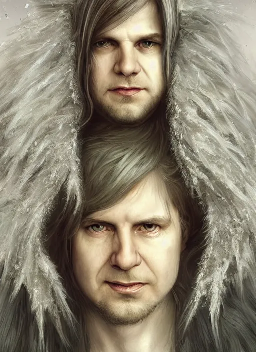 Image similar to Portrait of Kevin Rudd, white glowing eyes, silver shaggy hair, cloak, ethereal wings, male, fantasy, extremely detailed, digital painting, artstation, concept art, smooth, sharp focus, illustration, stunning lighting, art by artgerm and greg rutkowski and alphonse mucha and simon stalenhag, realistic character concept, high fantasy, light atmosphere, golden ratio, cinematic lighting, hyperdetailed, high resolution, insanely detailed and intricate, artstation, Marc Simonetti, Greg Rutkowski, 8k