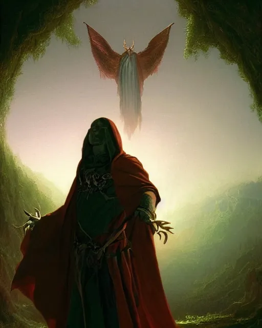 Image similar to A wild magic sorcerer. He is wearing a cloak with glowing runes on it and a crown. He is frowning seriously. He is preparing to cast a spell to banish the old gods. He is standing in spell circle. Award winning realistic oil painting by Thomas Cole and Wayne Barlowe