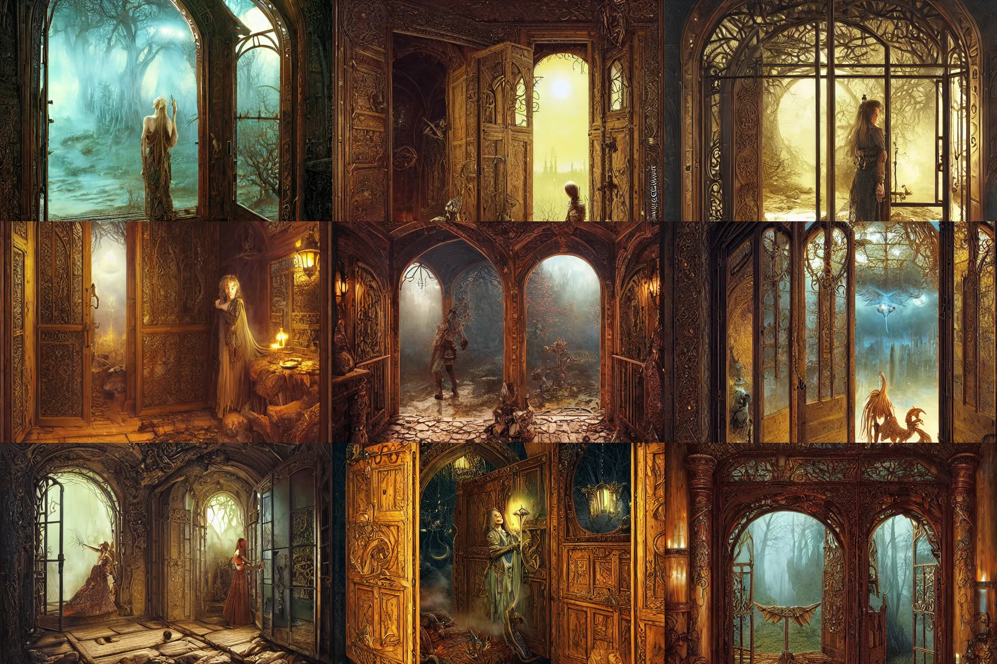 Prompt: large rustic intricately decorated wooden double door, metal handles, a view to a fantasy world, strong eerie back light, mist, fantasy art by james c christensen, norisyoshi ohrai, john hove