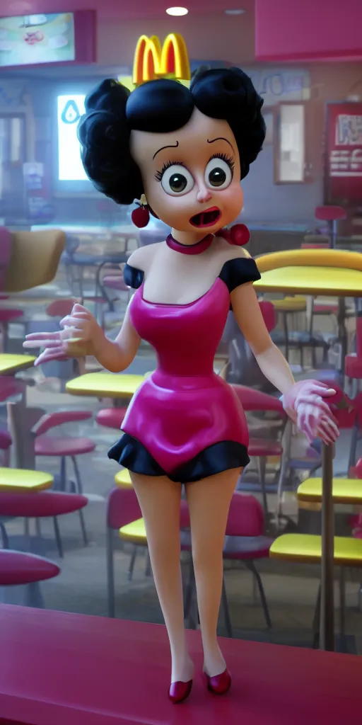 Image similar to Animatronic Betty Boop in Mc Donalds, real hair, dimly lit, photorealistic, hyper realistic 3d matte painting, unrealengine octane 3d render 4k