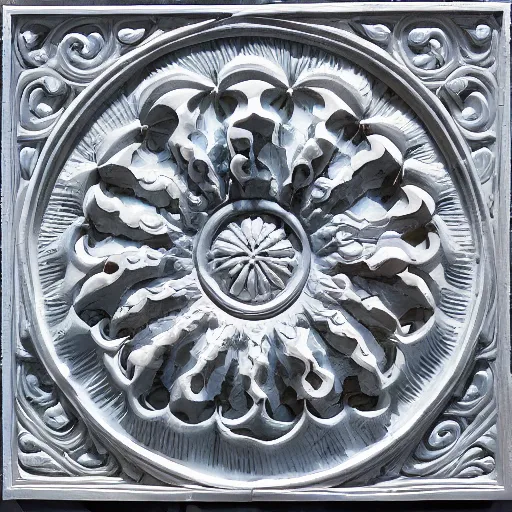 Prompt: highly detailed, ernst haeckel, carved soapstone relief paneling white and pale blue