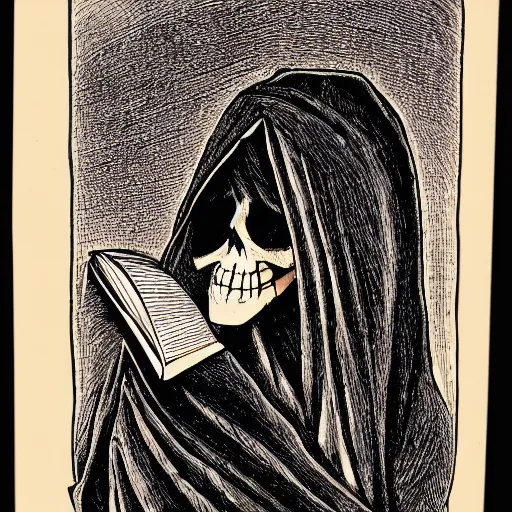 Image similar to Hooded figure with skeleton face reading a book, gothic