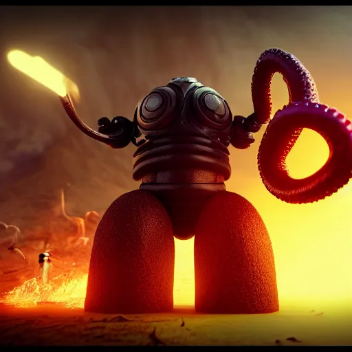 Image similar to an epic cinematic battle, a wizard, an evil tentacle ai robot, octane render