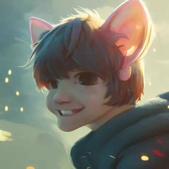 Image similar to boy with cat ears and tail, full body, blushing, happy, short smile, hair covering eyes, cinematic lightning, mid-shot, highly detailed, trending on Artstation, Unreal Engine 4k, cinematic wallpaper by Stanley Artgerm Lau, WLOP, Rossdraws, James Jean, Andrei Riabovitchev, Marc Simonetti, and Sakimichan