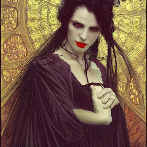 Image similar to portrait of a lady vampire, 35mm, victorian, depth of field, DOF, ominous, sharp, highly detailed, photorealistic, realistic, unreal 5, high definition, 8k, deviantart, donato giancola, irwin penn, ((Alphonse Mucha))