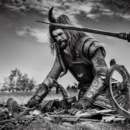 Image similar to wise angle photo of viking in armor working on the mechanical ancient device, tools and junk on the ground,wires and lights, old village in the distance, vintage old photo, black and white, sepia