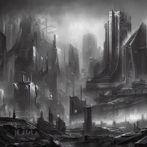 Image similar to landscape of apocalypse city, grayscale, by stanley artgerm lau