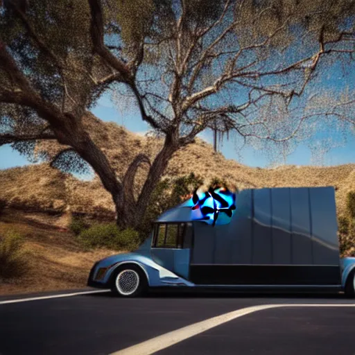 Prompt: photograph, Tesla Cybertruck, by Pete Biro, press release, cinematic, malibu canyon, 8k, depth of field, bokeh. debadged