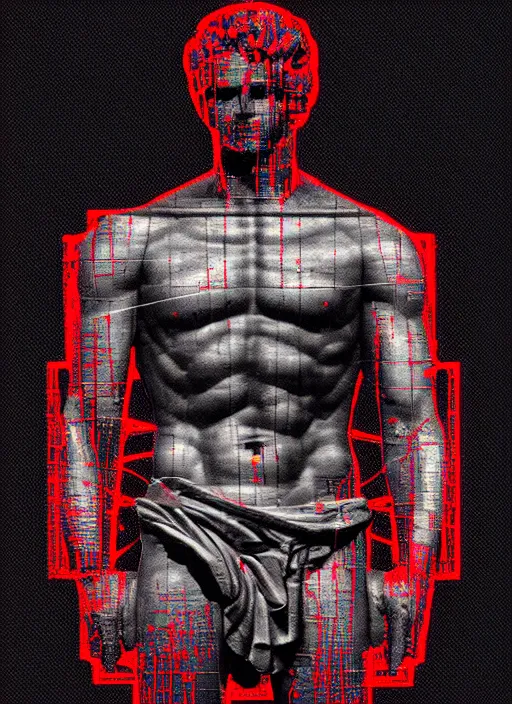 Prompt: black background, statue of hercules, ( ( ( skeleton ) ) ), grey, thin lines, dark, red grid, glitch art, neo vaporwave, gritty, movie poster, layout design, trending on artstation