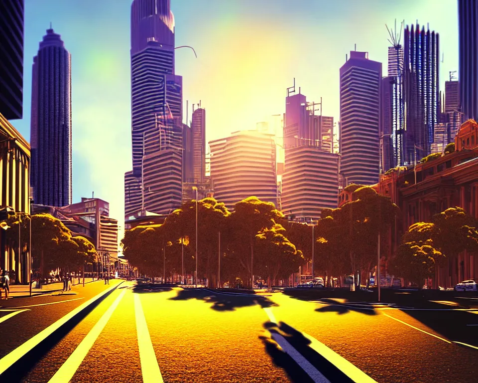 Image similar to sydney in the future, city streets, golden hour, perspective artwork, photorealism