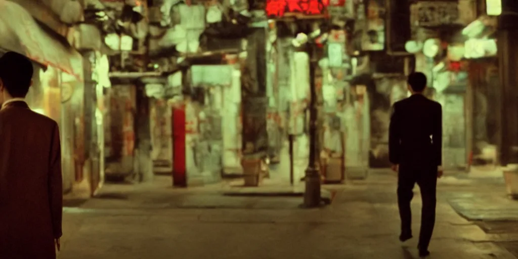 Image similar to style of wong kar - wai and in the mood for love, background blur, a killer back to the camera, nighttime, cinematic, movie scene, high details, vivid