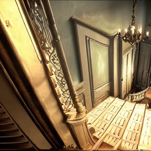 Image similar to inside a haunted mansion, large staircase, dark shadows, moonlight, realistic, unreal engine