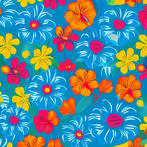Prompt: Vector illustration of tropical flowers with multiple cohesive colors ranging from warms blues to bright oranges on a dark moldy blue background, 4K resolution
