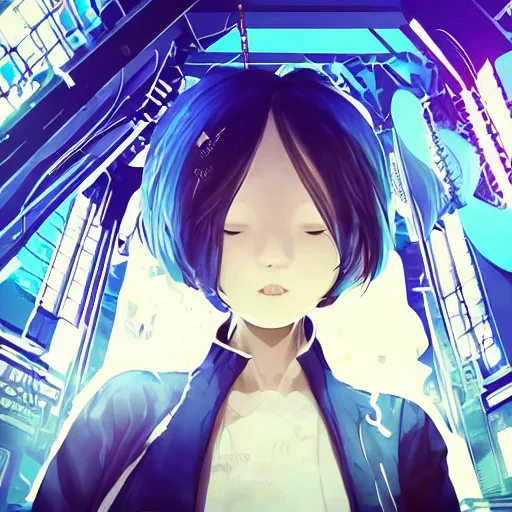 Image similar to Frequency indie album cover, luxury advertisement, blue filter, blue and black colors. Clean and detailed post-cyberpunk sci-fi close-up schoolgirl in asian city in style of cytus and deemo, blue flame, relaxing, calm and mysterious vibes, by Tsutomu Nihei, by Yoshitoshi ABe, by Ilya Kuvshinov, by Greg Tocchini, nier:automata, set in half-life 2, Matrix, GITS, Blade Runner, Neotokyo Source, Syndicate(2012), dynamic composition, beautiful with eerie vibes, very inspirational, very stylish, with gradients, surrealistic, dystopia, postapocalyptic vibes, depth of field, mist, rich cinematic atmosphere, perfect digital art, mystical journey in strange world, beautiful dramatic dark moody tones and studio lighting, shadows, bastion game, arthouse