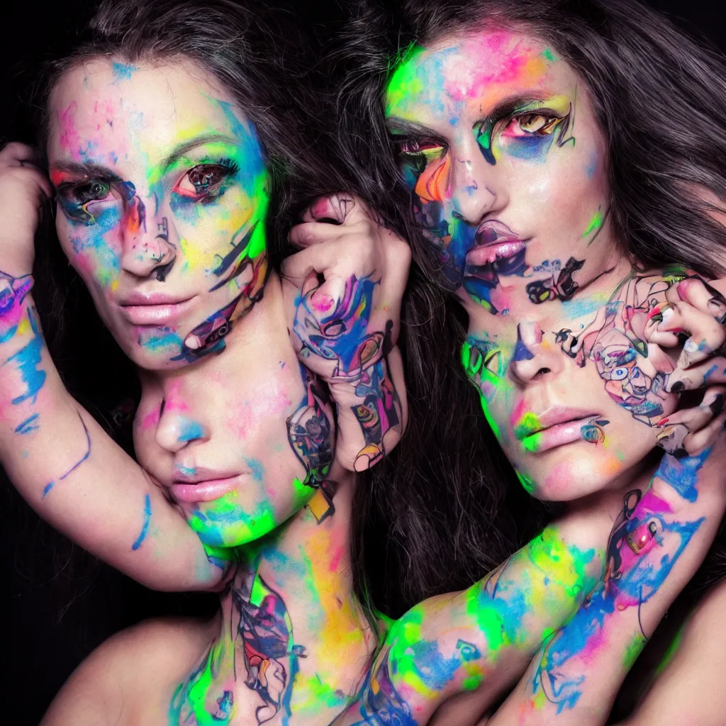 Image similar to a beautiful cyborg woman with fluorescent tatoos on the face, multicolor studio lights.