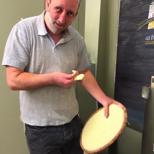 Prompt: richard mottern eating a large wheel of cheese,