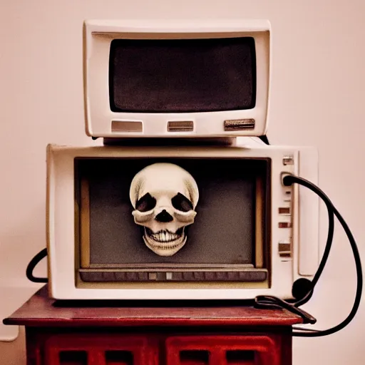 Image similar to skull coming out of an old CRT monitor