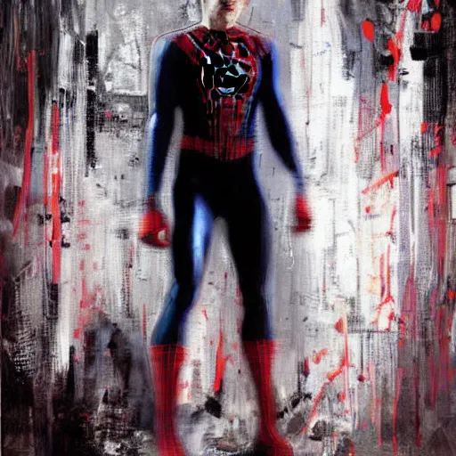 Image similar to young jim carrey as spiderman, realistic, ultrahd, jeremy mann painting