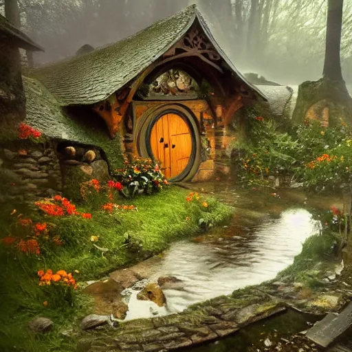 Image similar to hobbit in medieval hobbit house, ornate, beautiful, atmosphere, vibe, mist, smoke, fire, chimney, rain, wet, pristine, puddles, melting, dripping, snow, creek, lush, ice, bridge, forest, roses, flowers, by stanley artgerm lau, greg rutkowski, thomas kindkade, alphonse mucha, loish, norman rockwell