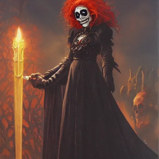 Image similar to ginger woman with skull facepaint and golden eyes, gothic, alphonse much and gerald brom, short red hair, black cloak, sword