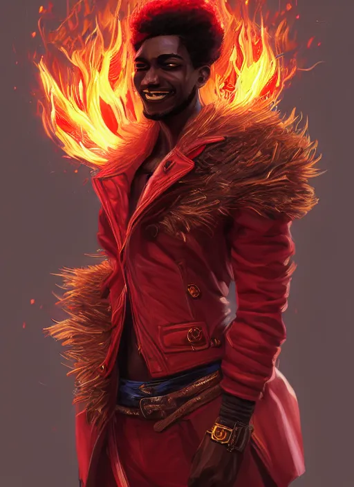 Image similar to a highly detailed illustration of attractive top cut haired african guy wearing red jacket, flaming eyes, dramatic smile pose, intricate, elegant, highly detailed, centered, digital painting, artstation, concept art, smooth, sharp focus, league of legends concept art, wlop