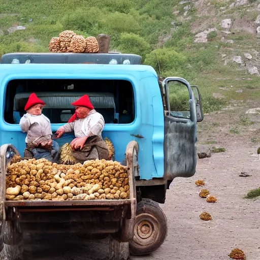 Image similar to dwarf trucker carries mushrooms on a Kamaz truck