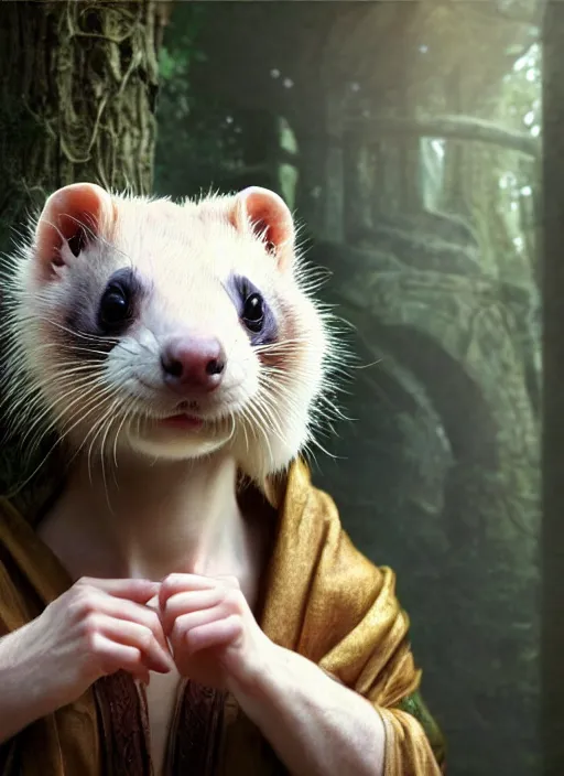 Prompt: a beautiful closeup shot from a fantasy film of a humanoid ferret wearing a loose tunic. an anthropomorphic ferret. portrait. emile munier, greg rutkowski.