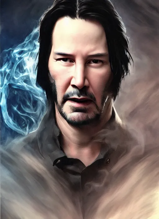 Prompt: keanu reeves as sandman, with fingers and hair turning into smoke, vertigo, shaved, pale skin!, fantasy, intricate, elegant, highly detailed, digital painting, artstation, concept art, wallpaper, smooth, sharp focus, illustration, art by artgerm and greg rutkowski and alphonse mucha