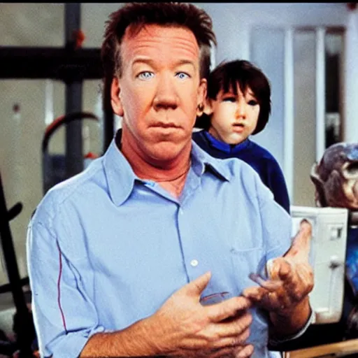 Image similar to tim allen working at wendy ’ s with a bunch of cyborg dinosaurs