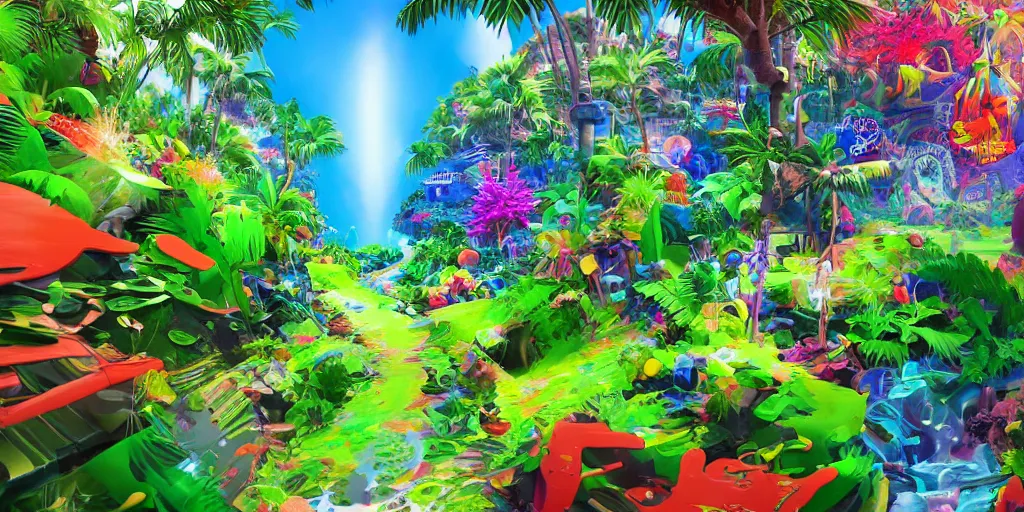 Image similar to plastic beach island lush vegetation caustics fluid simulation lighting impressive colorful masterpiece graffiti hyper perspective textured detailed intricate sharp focus 8 k