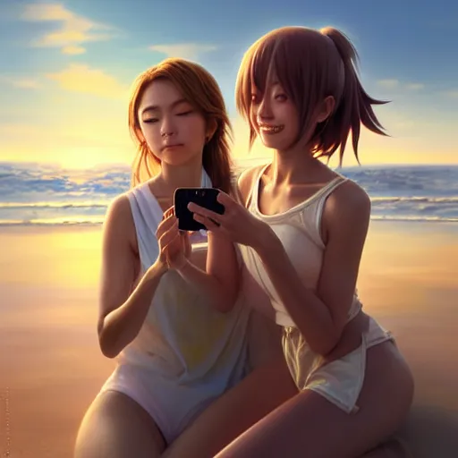 Image similar to beautiful serene intricate very detailed portrait of two anime girls taking a selfie in real life, smiling softly, relaxing on the beach, golden hour, soft focus, 8 k, art by irakli nadar, hyperrealism, hyperdetailed, ultra realistic