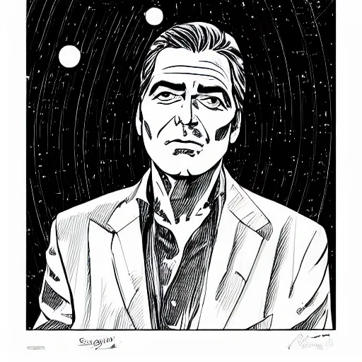 Prompt: “ george clooney retro minimalist portrait by jean giraud!, moebius starwatcher, high detail, sharp, smooth face, color comic, 8 k ”