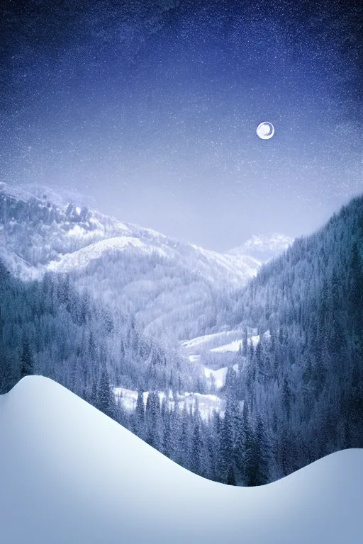 Prompt: digital matte fantasy dreamy mountain scape dark tones snow, crescent moon, wolf, 8 k by geometrieva