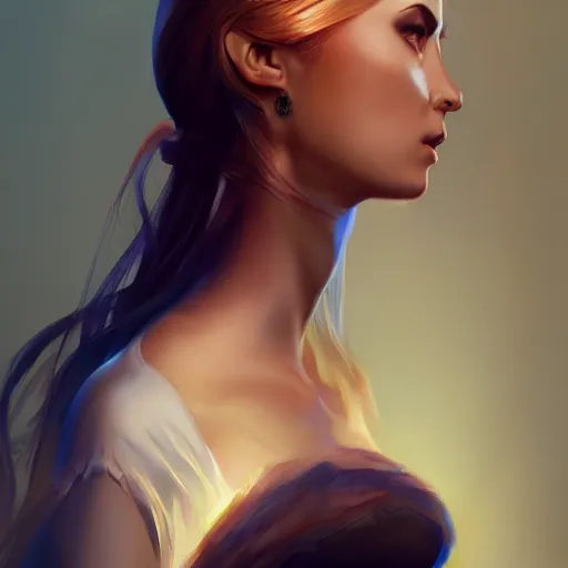 Image similar to painting of a female in a dress, by charlie bowater and artgerm, 4 k, highly detailed, trending on artstation, volumetric lightning, highly detailed