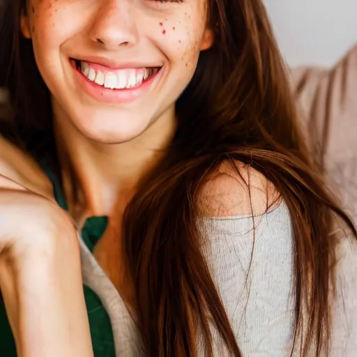 Prompt: a cute young woman smiling, long shiny bronze brown hair, full round face, emerald green eyes, medium skin tone, light cute freckles, smiling softly, wearing casual clothing, relaxing on a modern couch, interior lighting, cozy living room background, close-up shot,