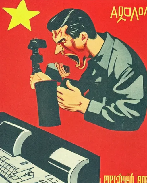 Image similar to soviet propaganda poster of an angry communist developer yelling at his computer