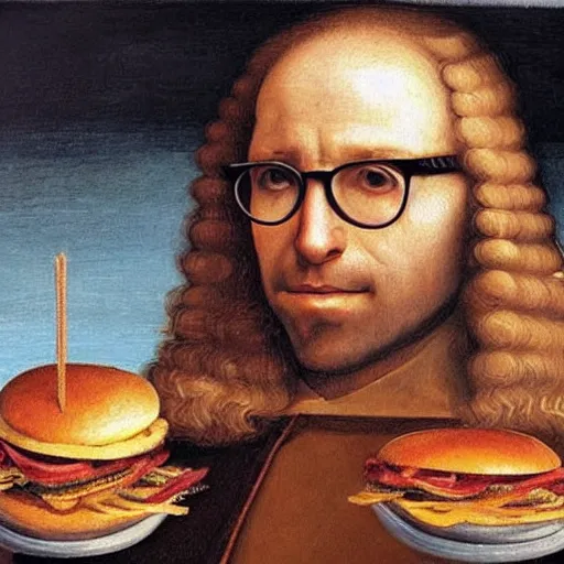 Prompt: portrait of joe biden with long hair and glasses eating a burger, detailed painting by da vinci