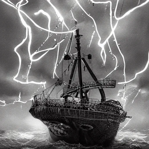 Image similar to giant octopus under sea boat during lightning storm, detailed digital art, realistic, trending on artstation