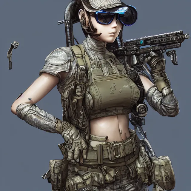 Image similar to the hyperrealistic portrait of lawful neutral female futuristic marine sniper as absurdly beautiful, gorgeous, elegant, young anime girl, an ultrafine hyperdetailed illustration by kim jung gi, irakli nadar, intricate linework, bright colors, octopath traveler, final fantasy, unreal engine 5 highly rendered, global illumination, radiant light, detailed and intricate environment