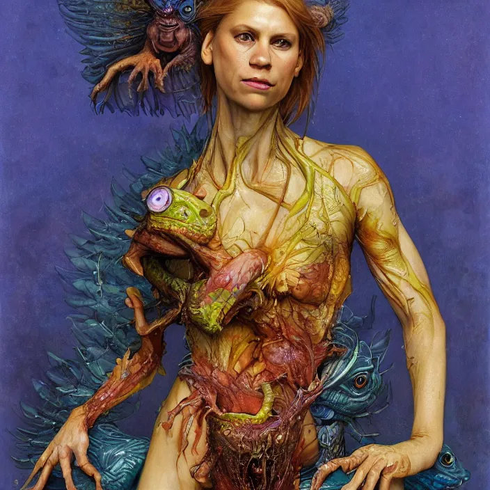 Image similar to a portrait photograph of claire danes as a brightly colored harpy amphibian hybrid with wet mutated skin. wearing a prosthetic organic catsuit. by tom bagshaw, donato giancola, hans holbein, walton ford, gaston bussiere, brian froud, peter mohrbacher and magali villeneuve. 8 k, cgsociety