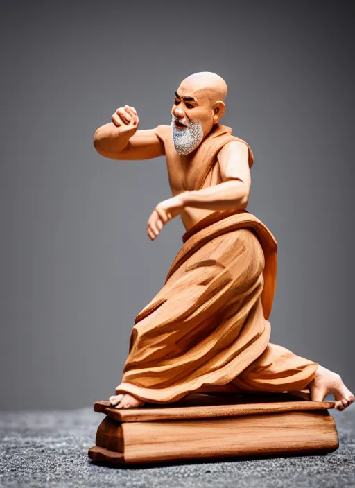 Image similar to still wooden figurine of monk wearing a white shorts, personification, dynamic pose, detailed product photo, 8 k, 8 5 mm, f. 1 4, beautiful composition