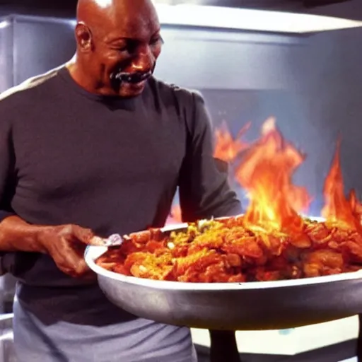 Prompt: captain sisko cooking jambalaya while the space station ds 9 explodes