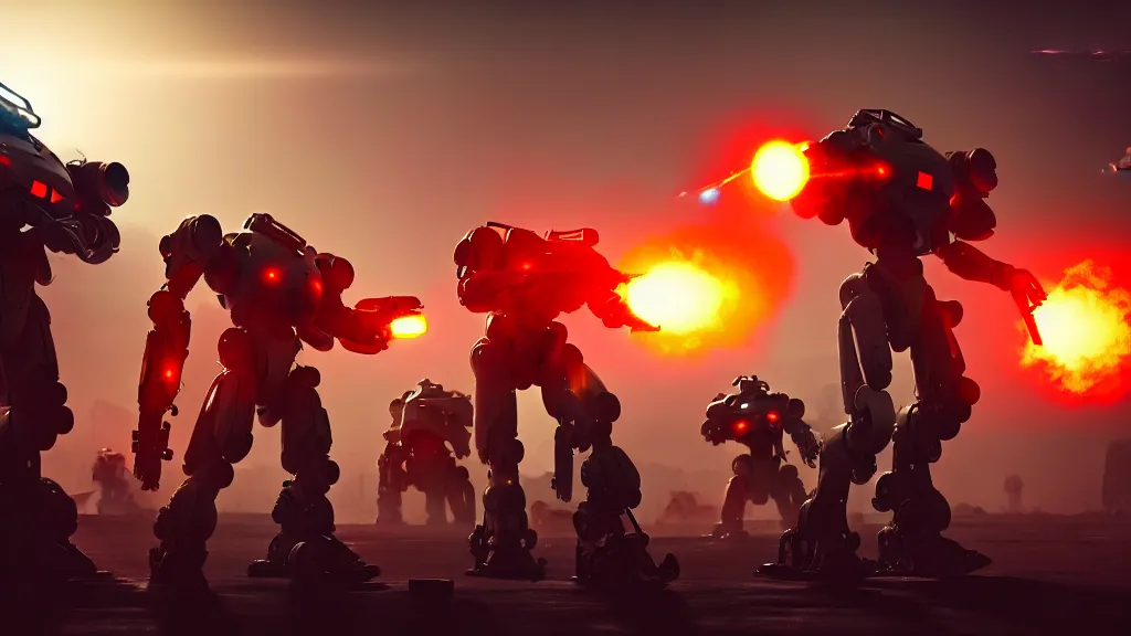 Image similar to futuristic mech soldiers firing away from the camera, eye catching composition, realistic, unreal engine 5, global illumination, detailed environment, bright colours, cinematic, atmosphere, 4 k