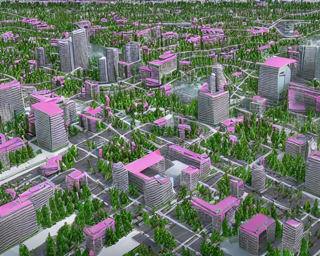 Image similar to turkey! - hungary! khaganate in 2 0 3 3 year, with futuristic! buildings, the buildings are light - grey!, with pink! trees around buildings, with green! trees around buildings, highly detailed digital art