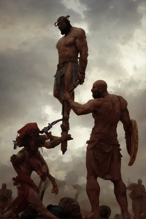 Image similar to ancient historically accurate depiction of the Bible Character Goliath of Gath, the Philistine warrior giant by frank miller, illustration by Ruan Jia and Mandy Jurgens and William-Adolphe Bouguereau, Artgerm, 4k, digital art, surreal, space dandy style, highly detailed, godsend, artstation, digital painting, concept art, smooth, sharp focus, illustration by Ruan Jia and Mandy Jurgens and William-Adolphe Bouguereau, Artgerm