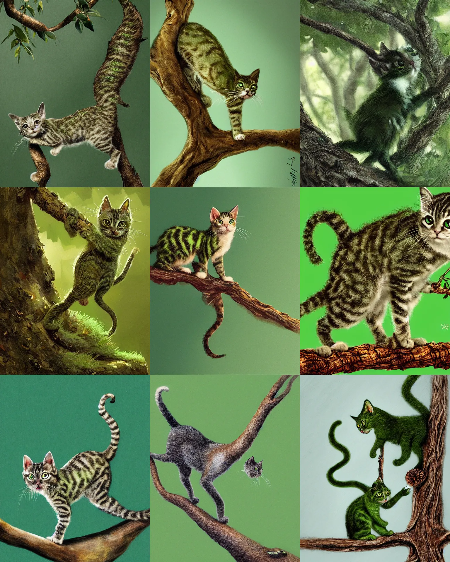 Prompt: green kitten walking on tree branch, intricate, highly detailed, artstation, sharp focus, illustration, jurgens, rutkowski, simonetti