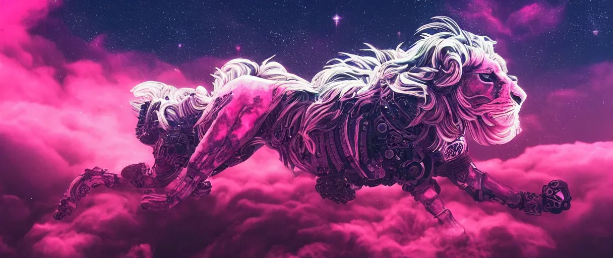 Prompt: space, a mechanical lion with a pink neon mane, punk, hyperdetailed illustration, stars, pink, neon, oil painting, rich deep colors masterpiece, pirate neon ship, ultra detailed, contrast, heaven pink, clouds, volumetric light, atmospheric lighting, dramatic, cinematic, moody, octane render 4 k, 8 k