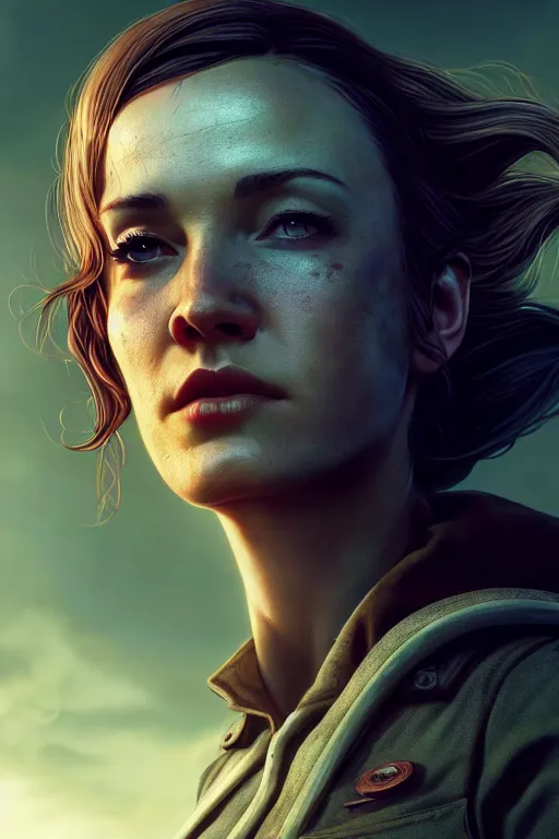 Prompt: fallout 5, charismatic beautiful sweet brunette, main character, portrait, outdoors, in the countryside, atmospheric lighting, painted, complex, volumetric lighting, beautiful, daytime, sunny weather, light clouds, clear focus, deep colors, over - detailed, leesha hannigan, ross tran, thierry doison, kai carpenter, ignacio fernandez rios
