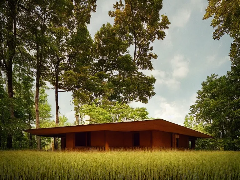 Image similar to hyperrealism design by frank lloyd wright and kenzo tange photography of beautiful detailed small house with many details around the forest in small detailed ukrainian village depicted by taras shevchenko and wes anderson and caravaggio, wheat field behind the house, volumetric natural light